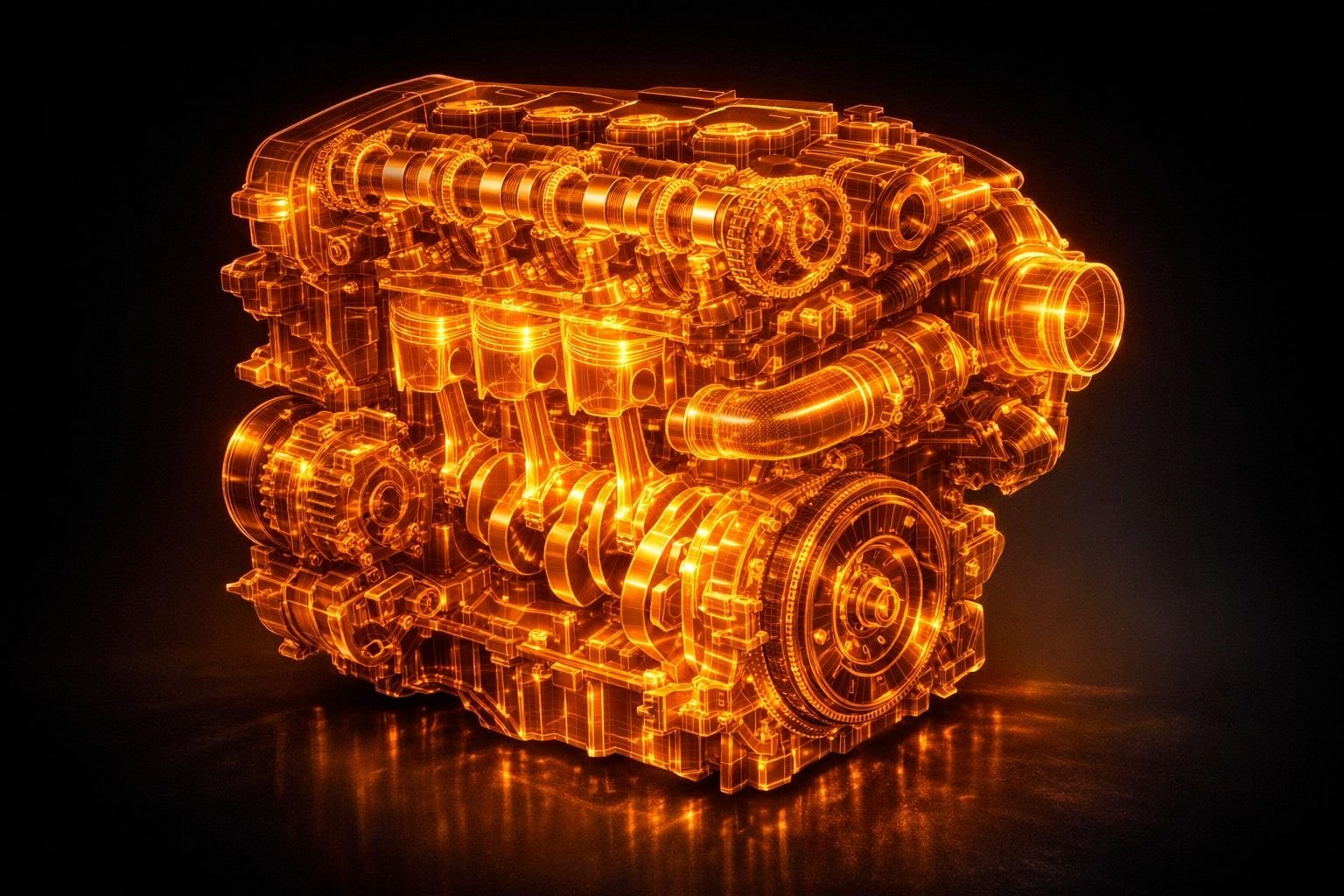 Symbolbild eines Audi 2.0 TFSI Vierzylinder-Benzinmotors als orangefarbenes Röntgen-Wireframe, Kolben und Kurbeltrieb sichtbar