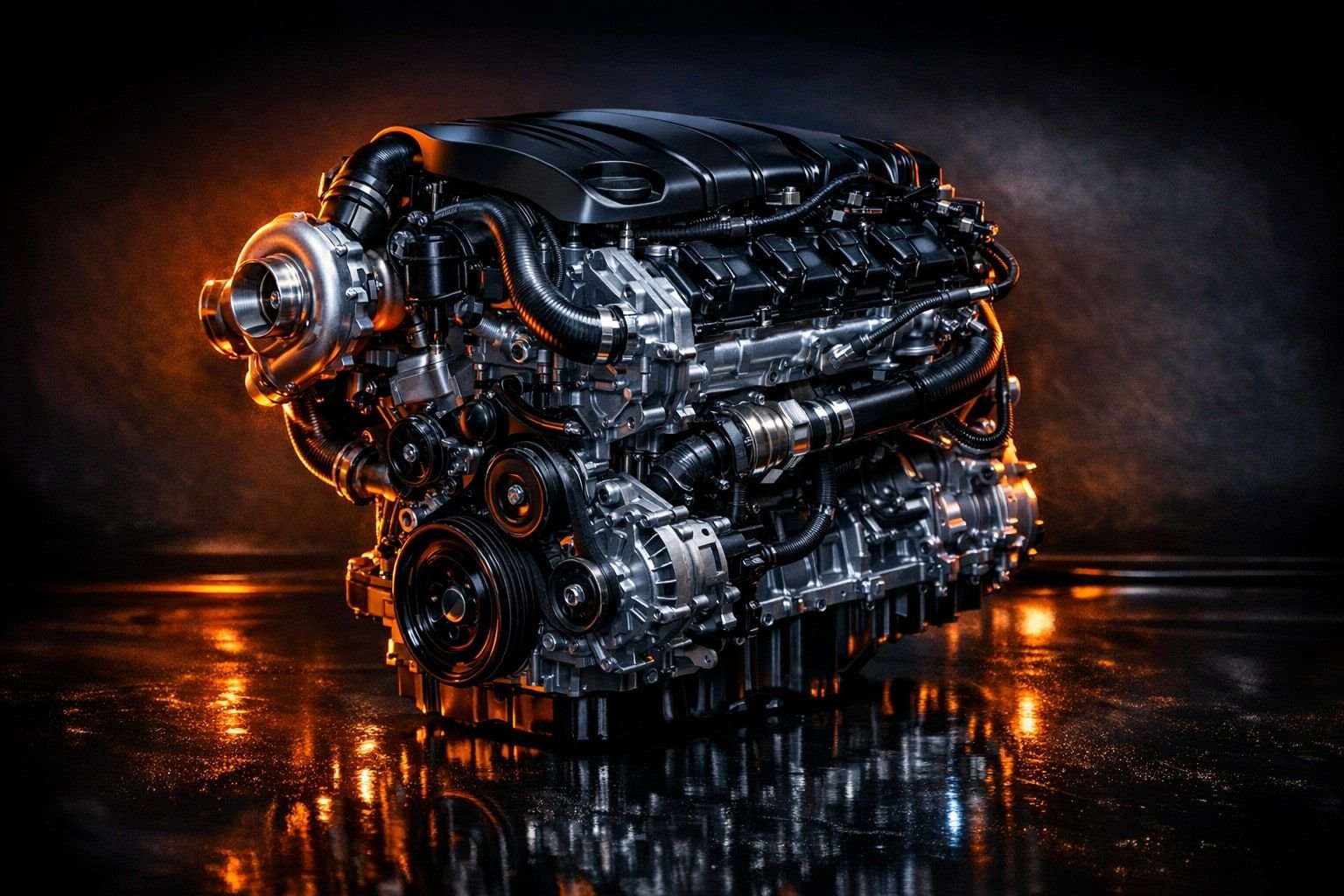 Symbolbild eines BMW N20 Vierzylinder-Turbobenzinmotors mit schwarzer Abdeckung und Turbolader