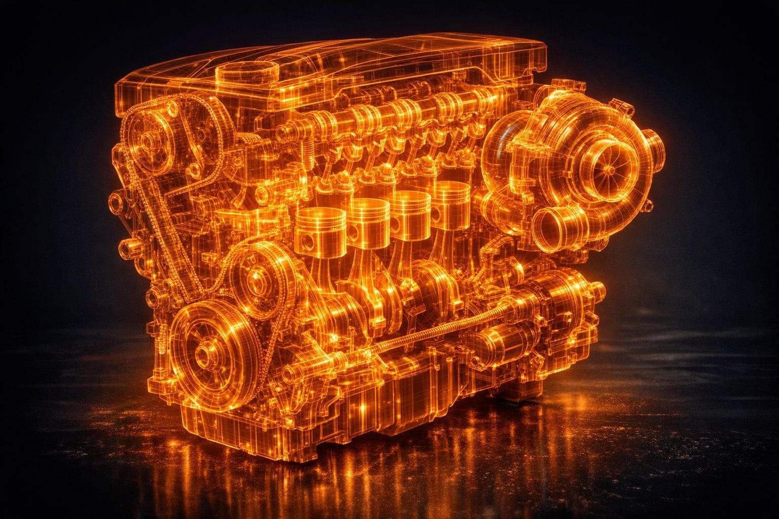 Symbolbild eines BMW N20 Vierzylinder-Benzinmotors als orangefarbenes Röntgen-Wireframe, Steuerkette und Kurbeltrieb sichtbar