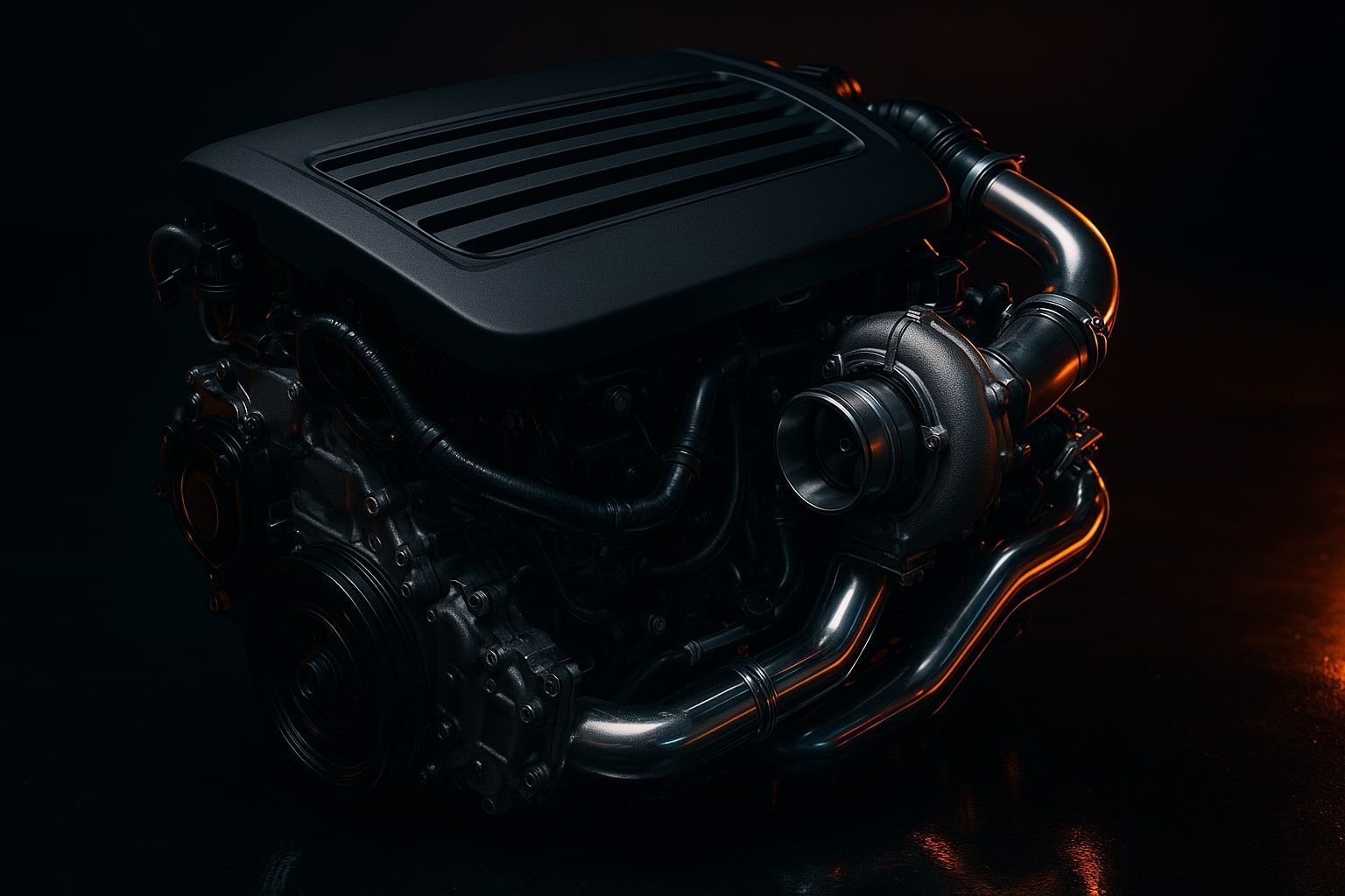 KI-generiertes Symbolbild eines Vierzylinder-Dieselmotors mit schwarzer Motorabdeckung und Turbolader