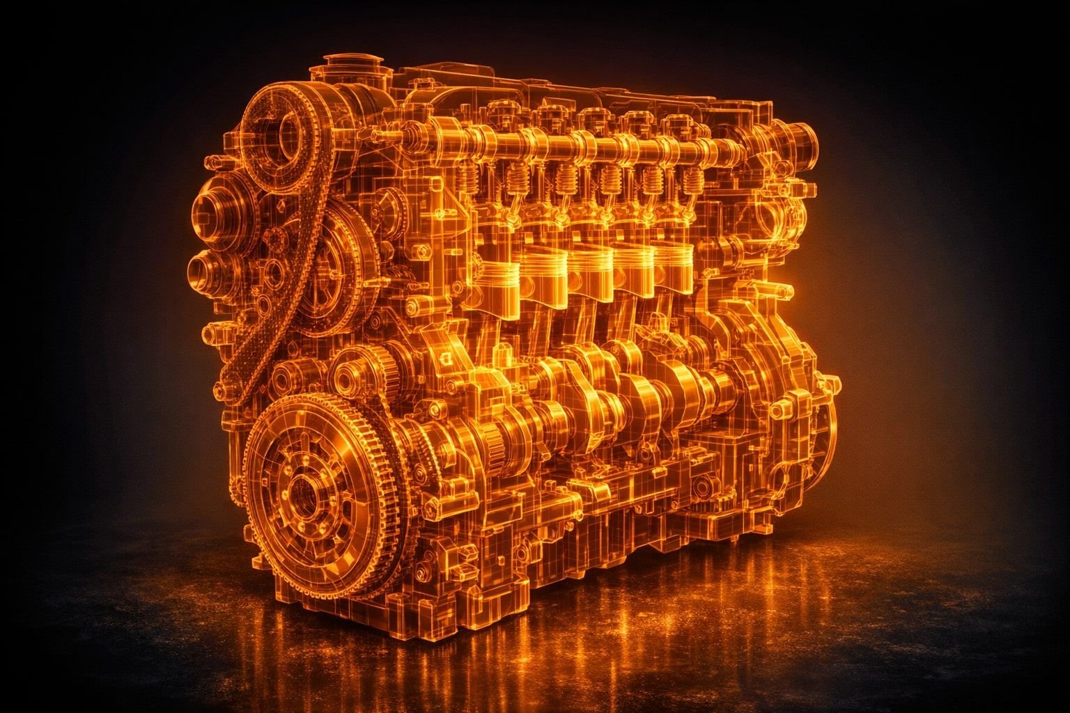 Symbolbild eines BMW N47 Motors als orangefarbenes Röntgen-Wireframe, Steuerkette und Kurbeltrieb sichtbar