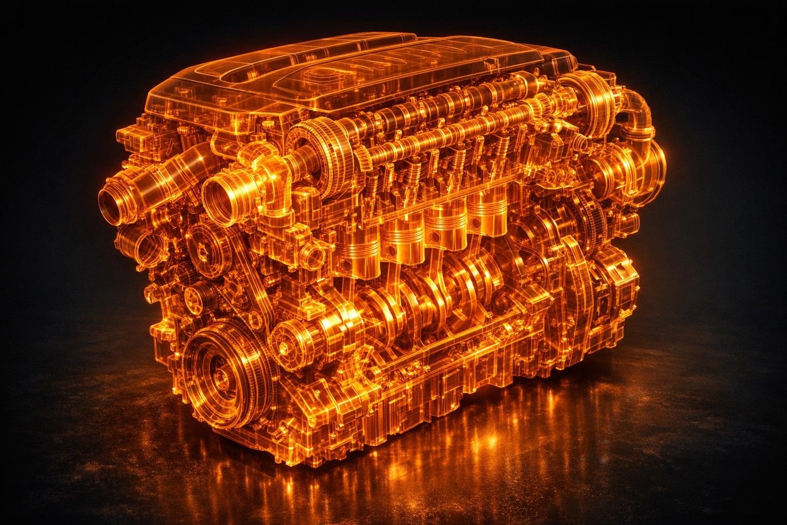 Symbolbild eines BMW N57 Sechszylinder-Dieselmotors als orangefarbenes Röntgen-Wireframe, Kurbeltrieb und Ölkreislauf sichtbar