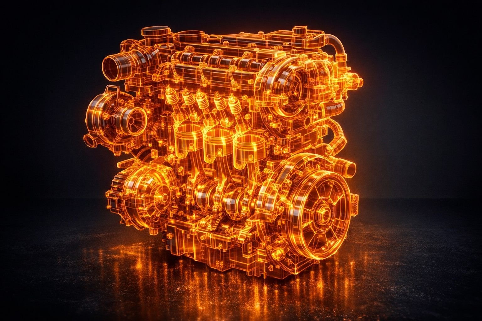 Symbolbild eines Ford 1.0 EcoBoost Motors als orangefarbenes Röntgen-Wireframe, Kolben, Kurbelwelle und Riementrieb sichtbar