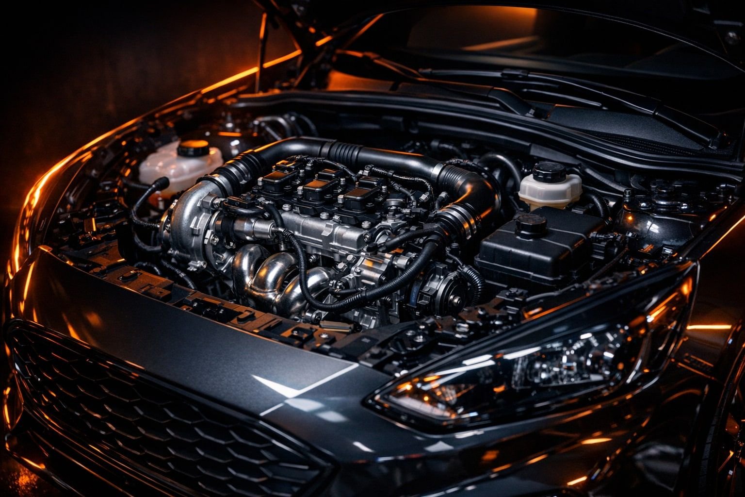 Symbolbild eines geöffneten Ford-Motorraums mit aufgeladenem Benzinmotor