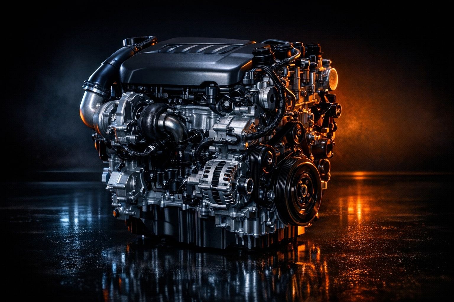 KI-generiertes Symbolbild eines Vierzylinder-Dieselmotors mit schwarzer Motorabdeckung, Turbolader und Keilrippenriemen