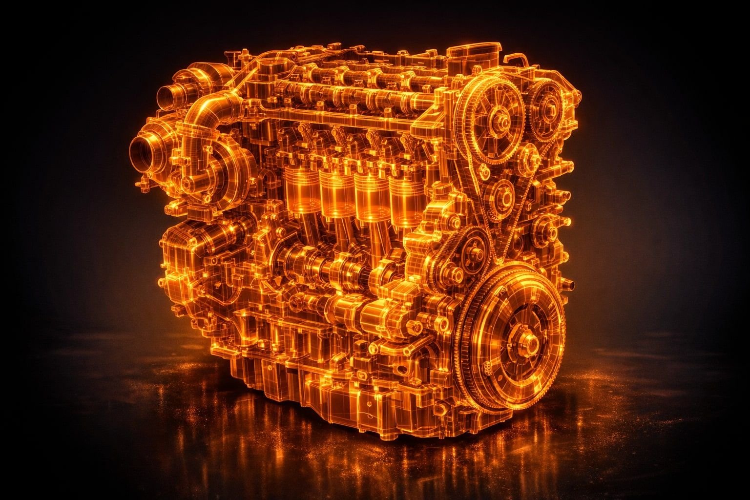 Symbolbild eines Vierzylinder-Motors als orangefarbenes Röntgen-Wireframe, Kolben, Nockenwellen und Steuertrieb sichtbar