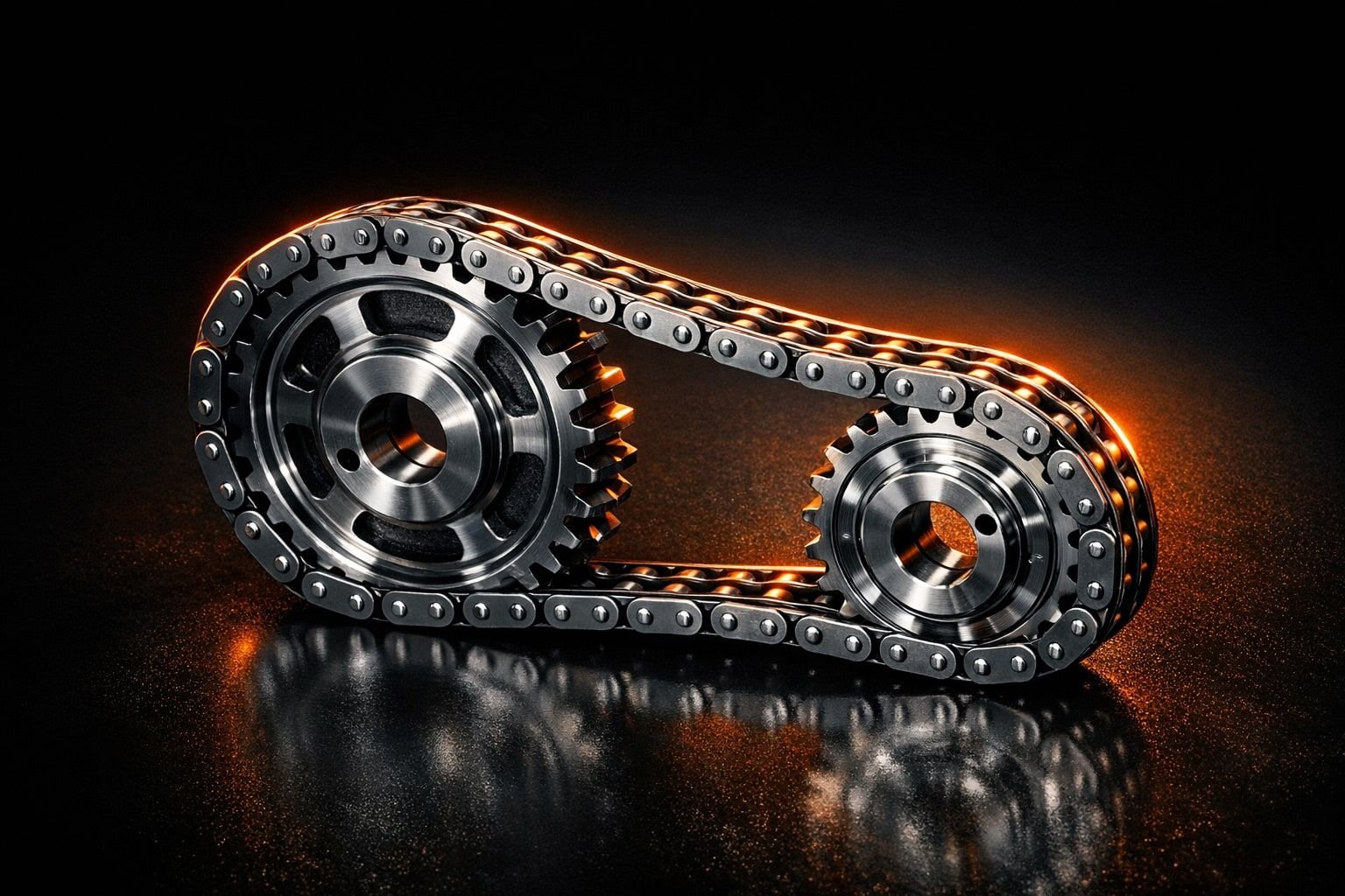 Symbolbild einer Steuerkette mit zwei Kettenrädern, dem zentralen Bauteil beim 1.6-CRDi-Motorschaden