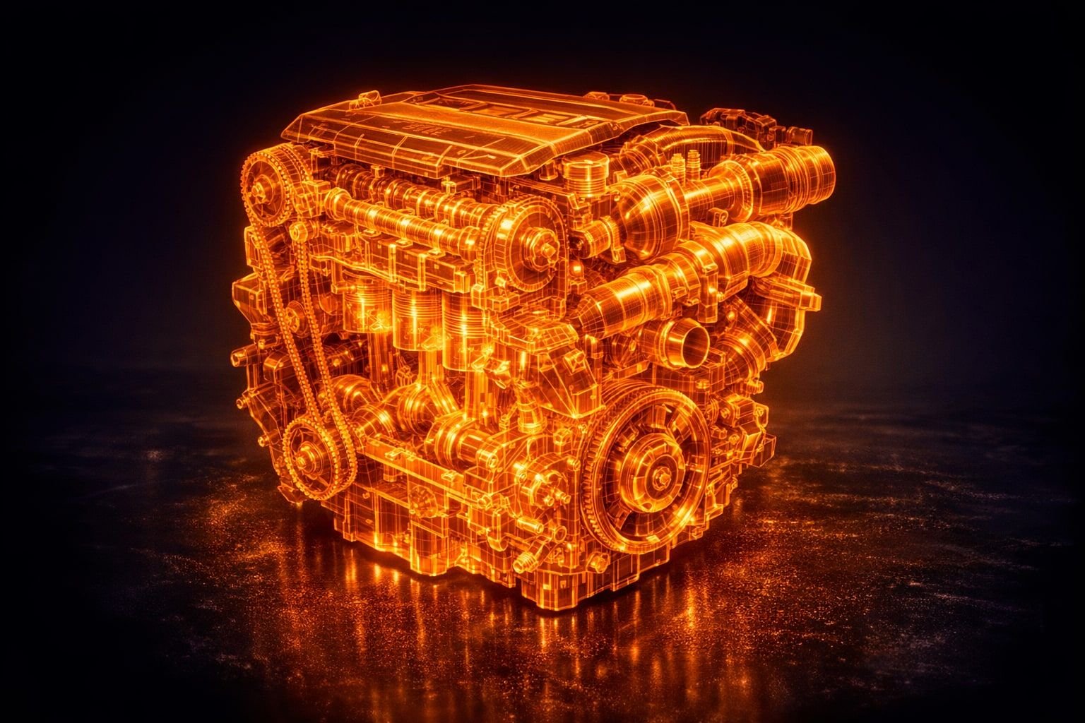Symbolbild eines Jaguar Ingenium 2.0d Motors als orangefarbenes Röntgen-Wireframe, Steuerkette und Kurbeltrieb sichtbar