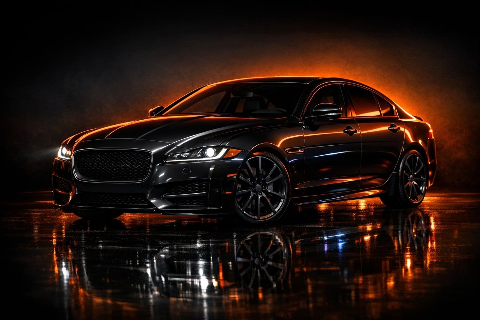 Symbolbild einer Jaguar XF Limousine vor dunklem Studiohintergrund mit orangefarbenem Konturlicht