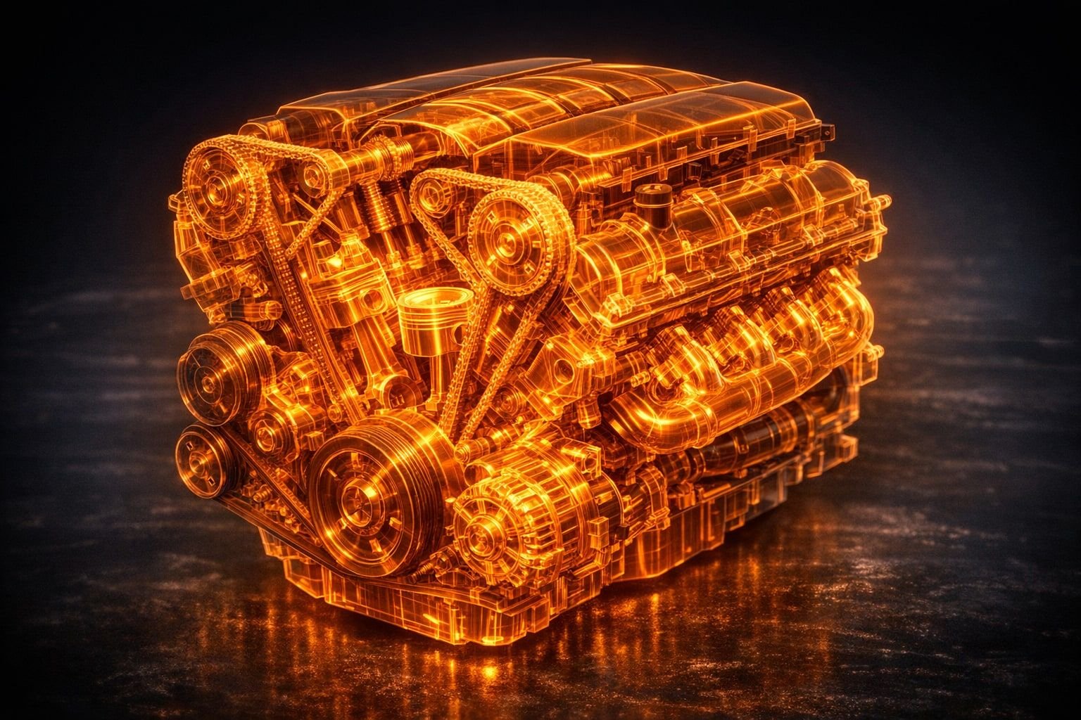 Symbolbild eines Mercedes M272 V6-Motors als orangefarbenes Röntgen-Wireframe, Steuerkette und Kurbeltrieb sichtbar