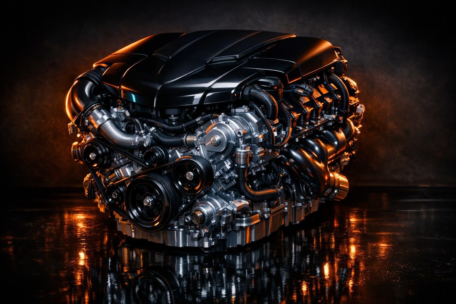 Symbolbild eines freistehenden Mercedes-V-Motors mit schwarzer Abdeckung, Riementrieb und Ansaugtrakt vor dunklem Hintergrund