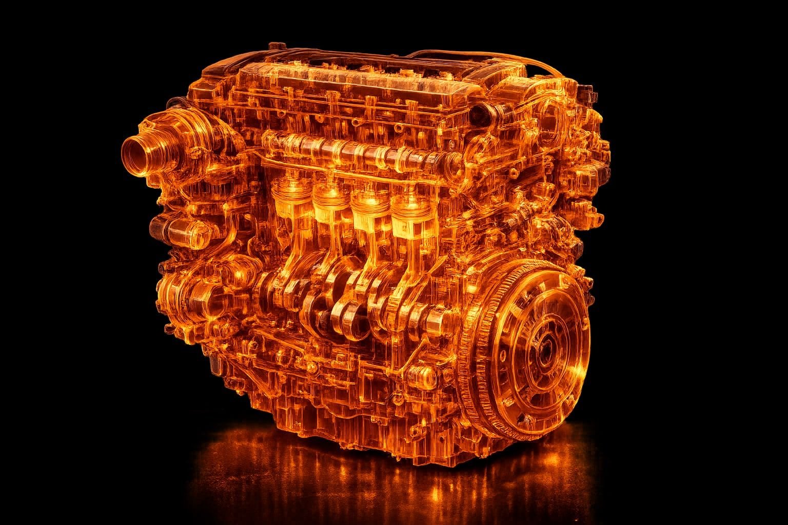 Symbolbild eines Opel 1.6 CDTI als orangefarbenes Röntgen-Wireframe, Kurbelwelle, Kolben und Schwungrad sichtbar
