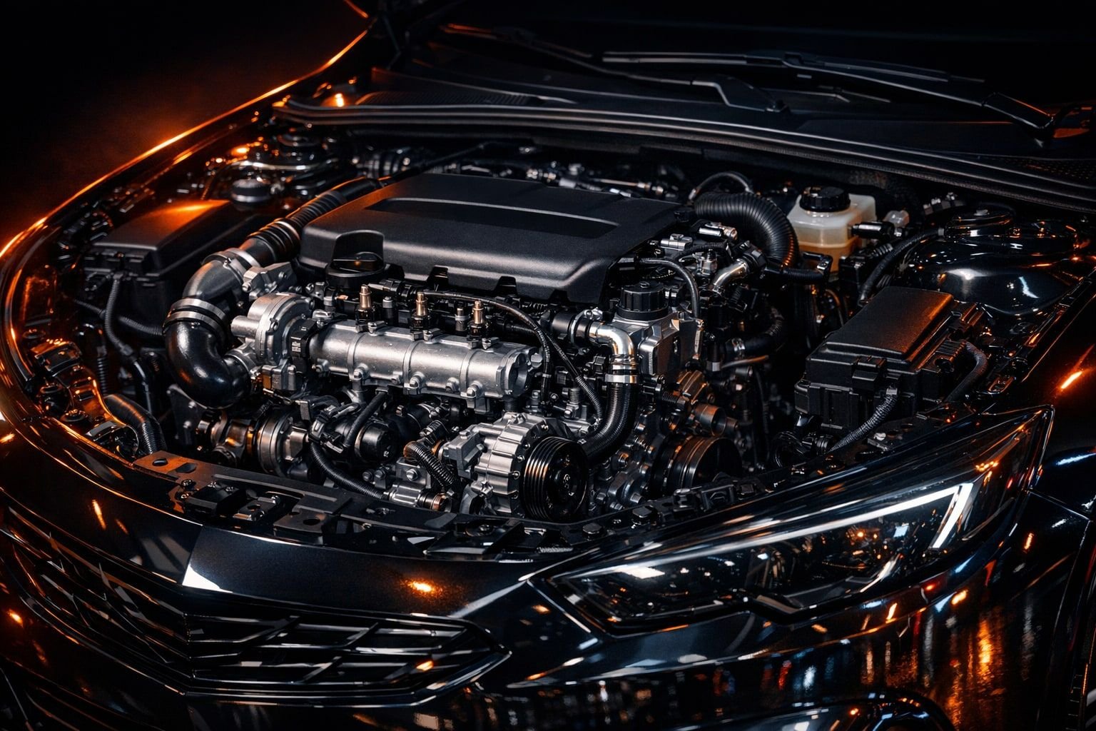 Symbolbild eines quer eingebauten Opel-Vierzylindermotors im Motorraum mit schwarzer Abdeckung, Ansaugbrücke und Turbolader