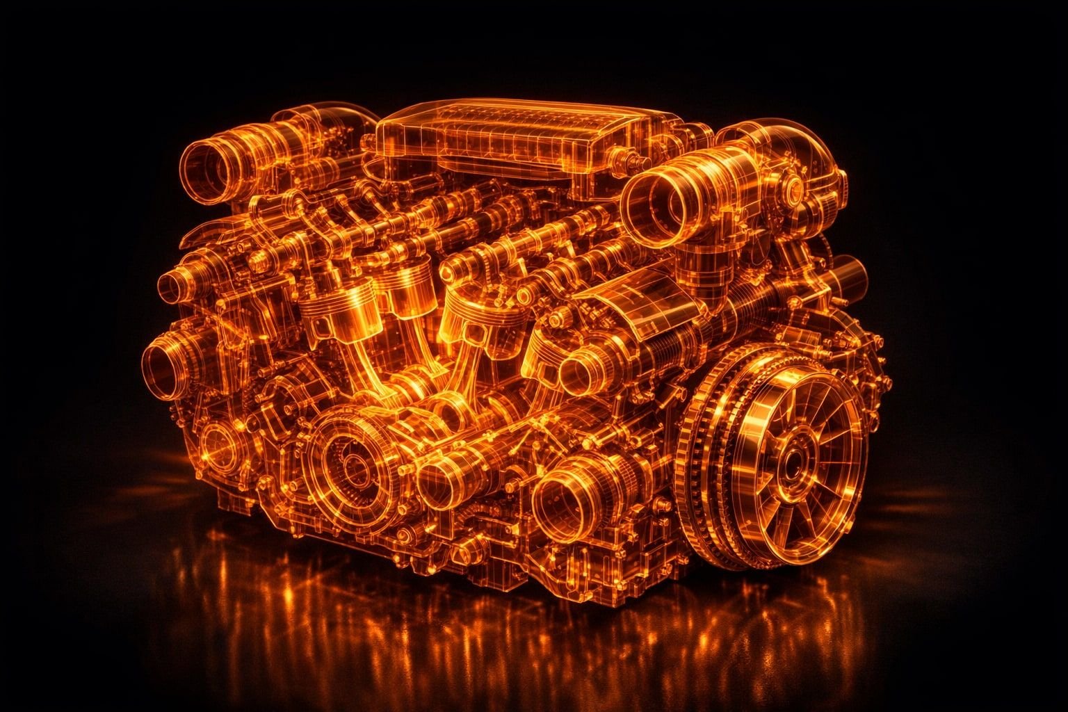 Symbolbild eines Porsche M96 Boxermotors als orangefarbenes Röntgen-Wireframe, Zwischenwelle und IMS-Lager sichtbar